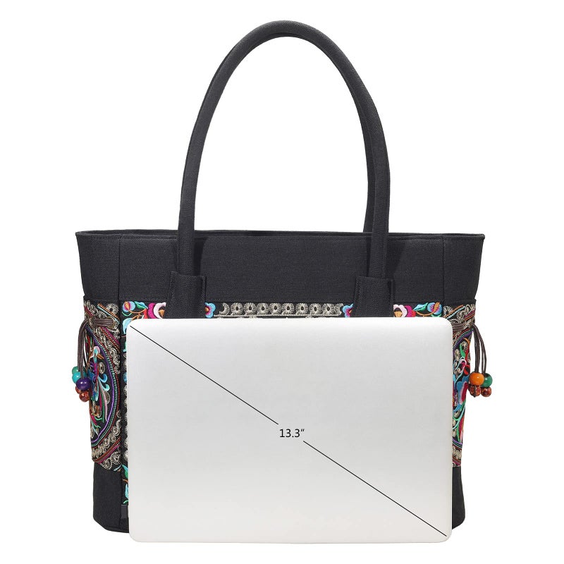 SILKAREA Embroidered Large Canvas Tote Bag for Women with Zipper Handmade Vintage Handbag Shoulder Bag (S1 Black) - Image 3